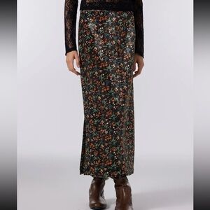 Velvet high waist floral zipper back slit maxi skirt size XS